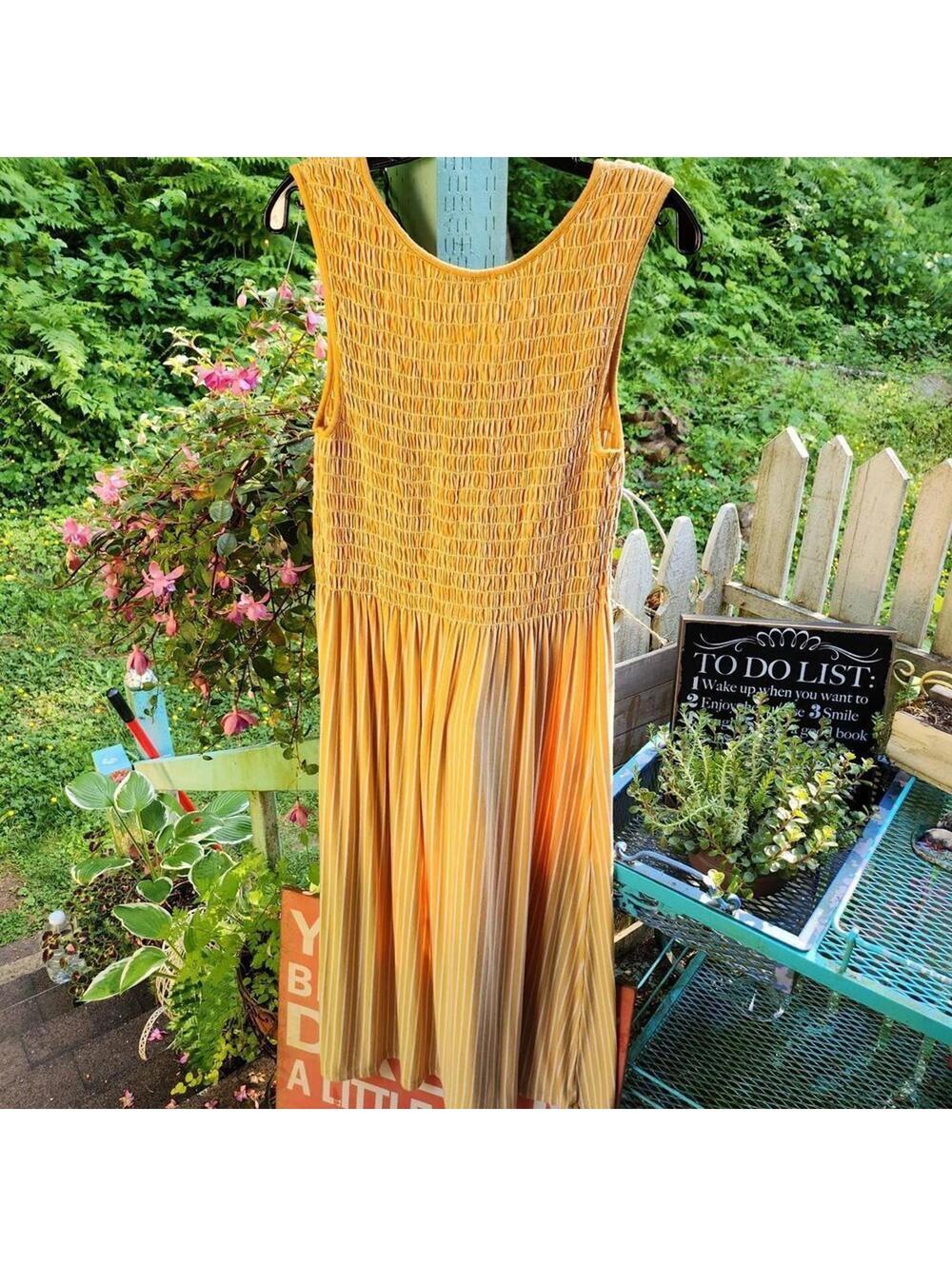 Max Studio Mustard Stripe Smocked Maxi Dress Medium Sleeveless - Picture 2 of 6